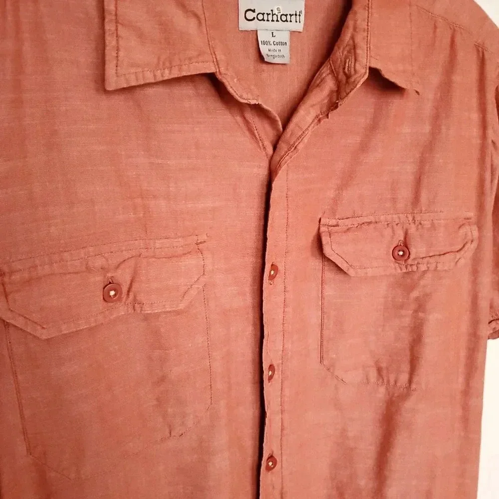 Carhartt Men's Shirt Large Solid Burnt Orange Button Down Pockets Short Sleeve - Picture 4 of 12
